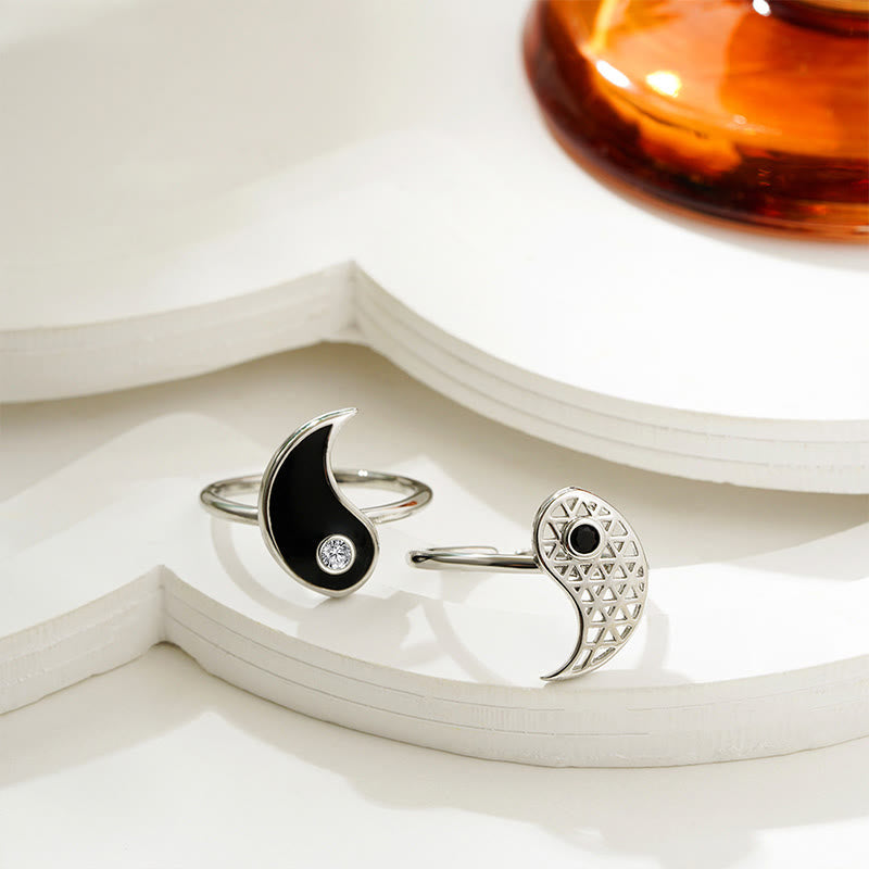 Yin Yang Cuff Ring - Matching couple rings with yin-yang split design, black enamel and crystal