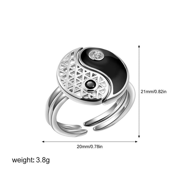 Yin Yang Cuff Ring - Adjustable yin-yang ring on wooden stand, silver with black enamel detail