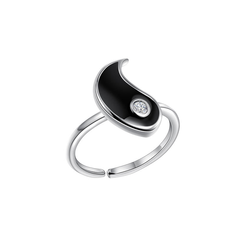 Yin Yang Cuff Ring - Black enamel half-ring with clear crystal, adjustable open band design