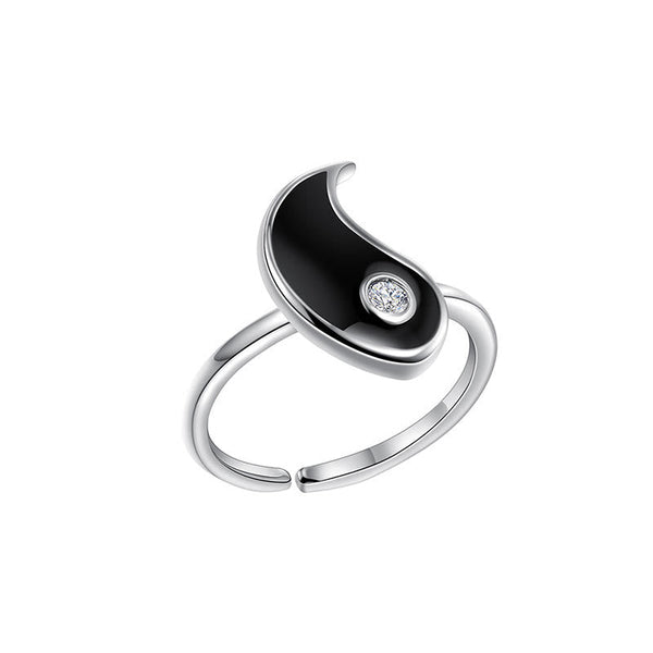Yin Yang Cuff Ring - Black enamel half-ring with clear crystal, adjustable open band design