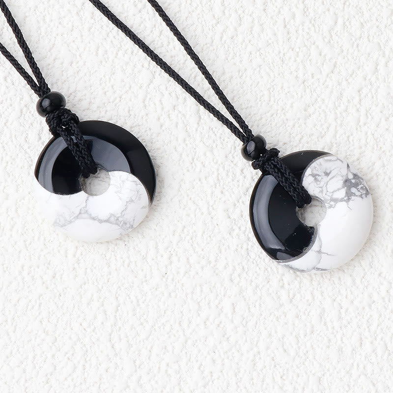 Obsidian White Turquoise Yin Yang Peace Buckle Necklace - Matching couple yin-yang pendant pair with black obsidian and wh...