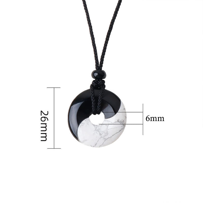 Obsidian White Turquoise Yin Yang Peace Buckle Necklace - Yin-yang pendant with 26mm dimension annotation showing black ob...