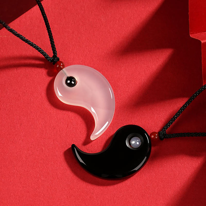 Black Onyx White Agate Yin Yang Necklace - Separated couple pendant pair with black obsidian and white stone halves on red...