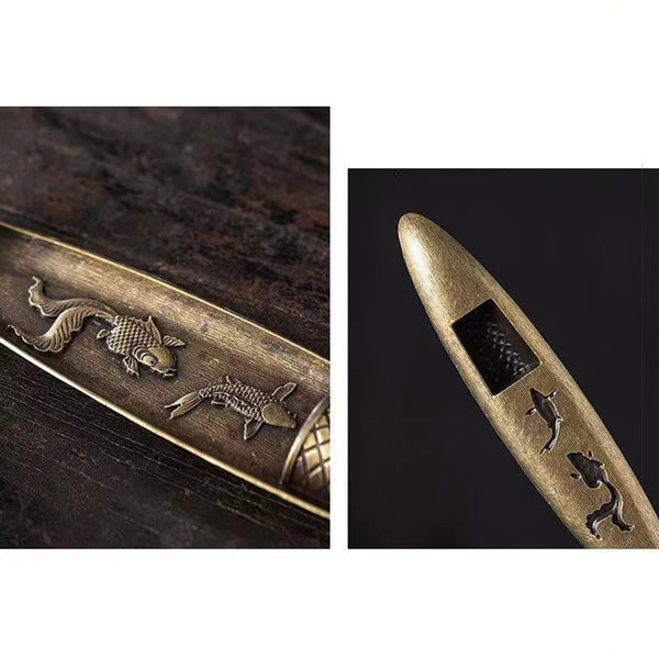 Koi Fish Boat Incense Burner - two views showing koi fish reliefs and boat shape, detail and full view