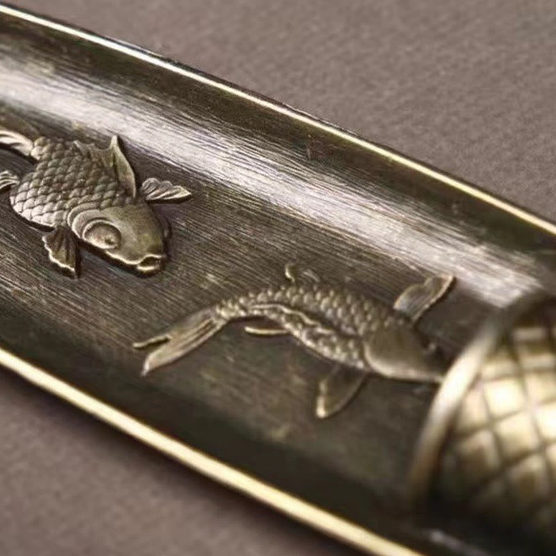 Koi Fish Boat Incense Burner - koi fish relief on bamboo-style holder, detailed metal casting, brass finish