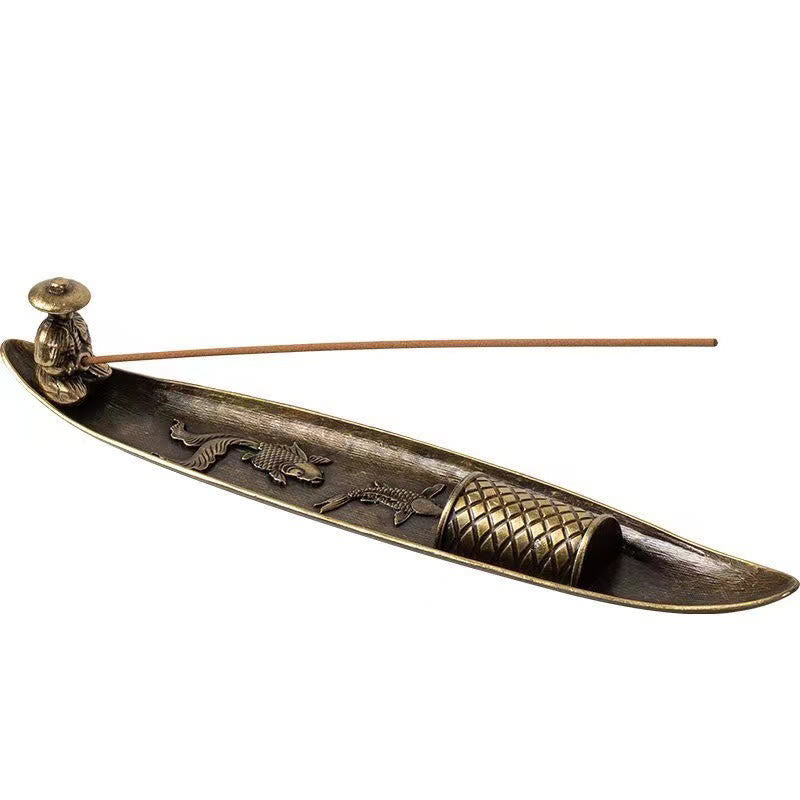 Koi Fish Boat Incense Burner - white background product shot, full boat with fisherman and incense stick