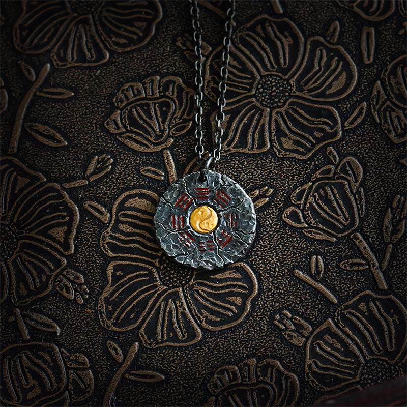 Sterling Silver 24K Gold Bagua Yin Yang Mountain Ghosts Pendant - Front view of circular Bagua medallion with gold yin-yan...