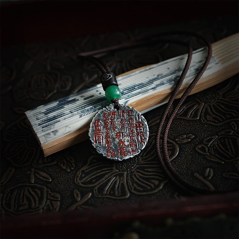 Sterling Silver 24K Gold Bagua Yin Yang Mountain Ghosts Pendant - Thunder talisman pendant with red seal script on dark te...