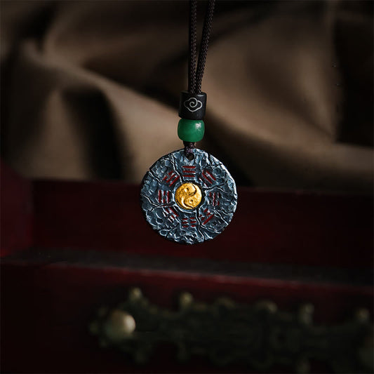Sterling Silver 24K Gold Bagua Yin Yang Mountain Ghosts Pendant - Oxidized metal Bagua pendant with gold yin-yang center, ...