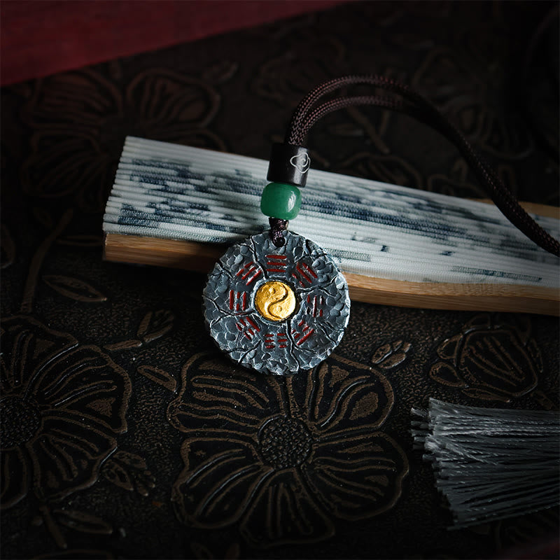 Sterling Silver 24K Gold Bagua Yin Yang Mountain Ghosts Pendant - Styled with traditional folding fan on embroidered dark ...