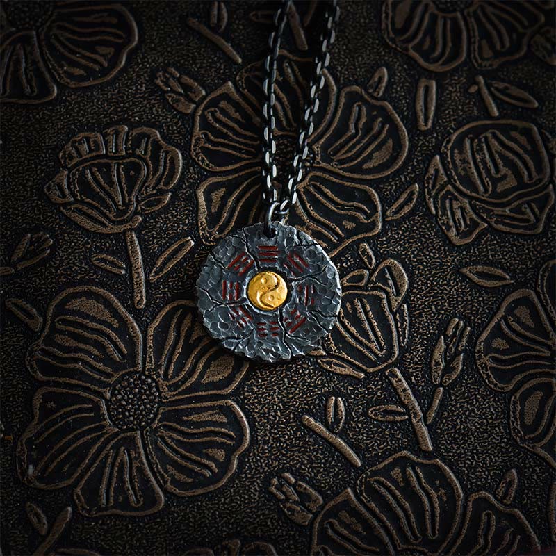 Sterling Silver 24K Gold Bagua Yin Yang Mountain Ghosts Pendant - Detailed view of Bagua pendant with gold yin-yang center...