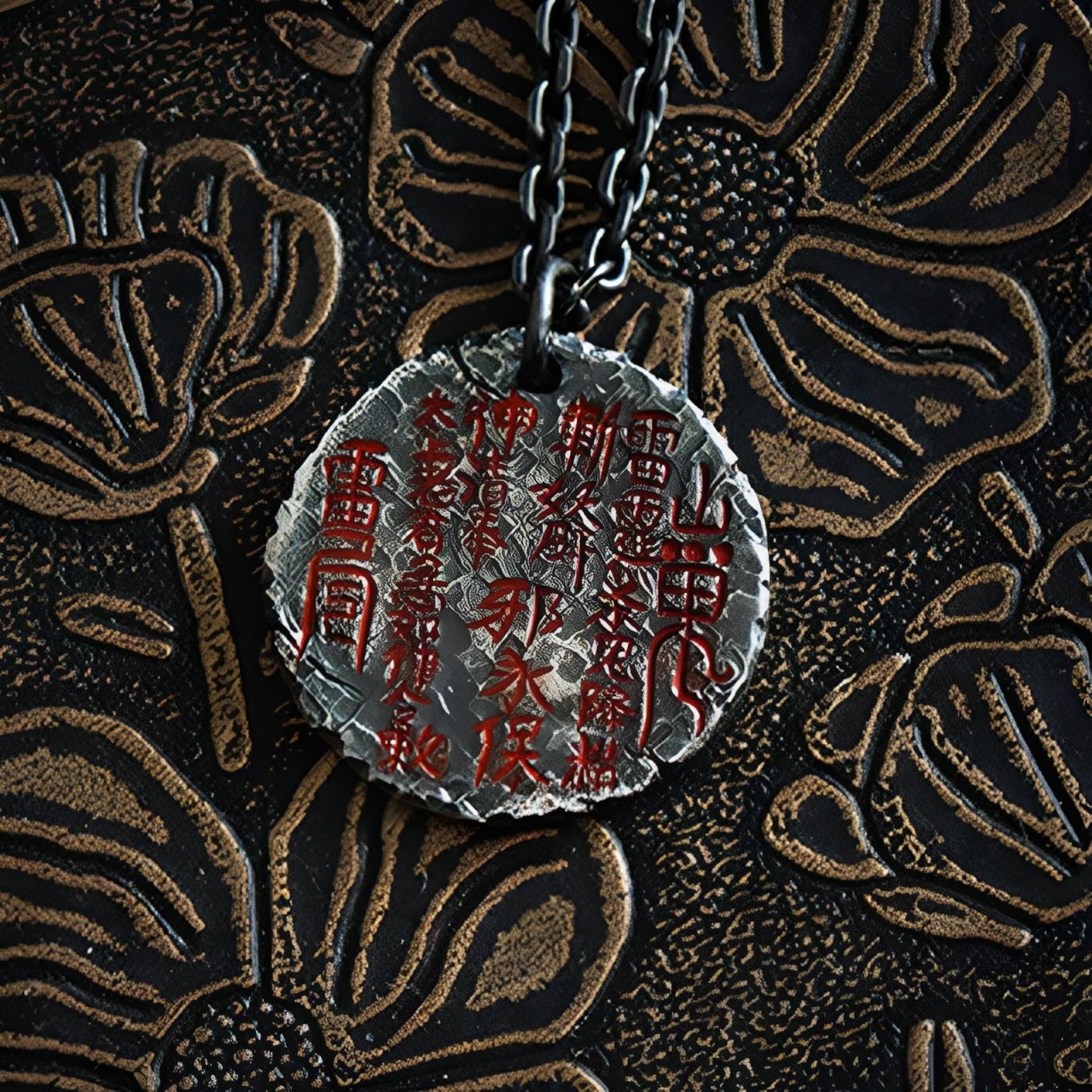 Sterling Silver 24K Gold Bagua Yin Yang Mountain Ghosts Pendant - Close-up of Mountain Ghost talisman with red engraved Ch...
