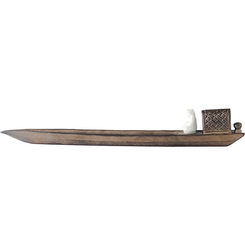 Fisherman Zen Ceramic Incense Burner – White background profile of rustic boat with seated white figure, Asian home decor