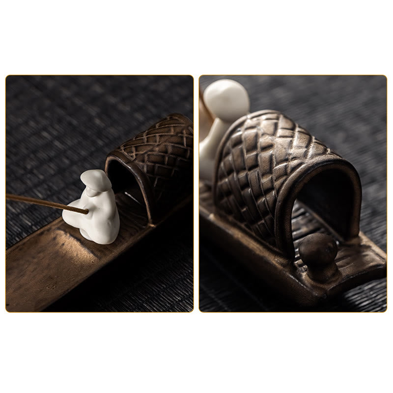 Fisherman Zen Ceramic Incense Burner – Dual-angle view of figurine with conical hat under woven basket boat, Asian decor