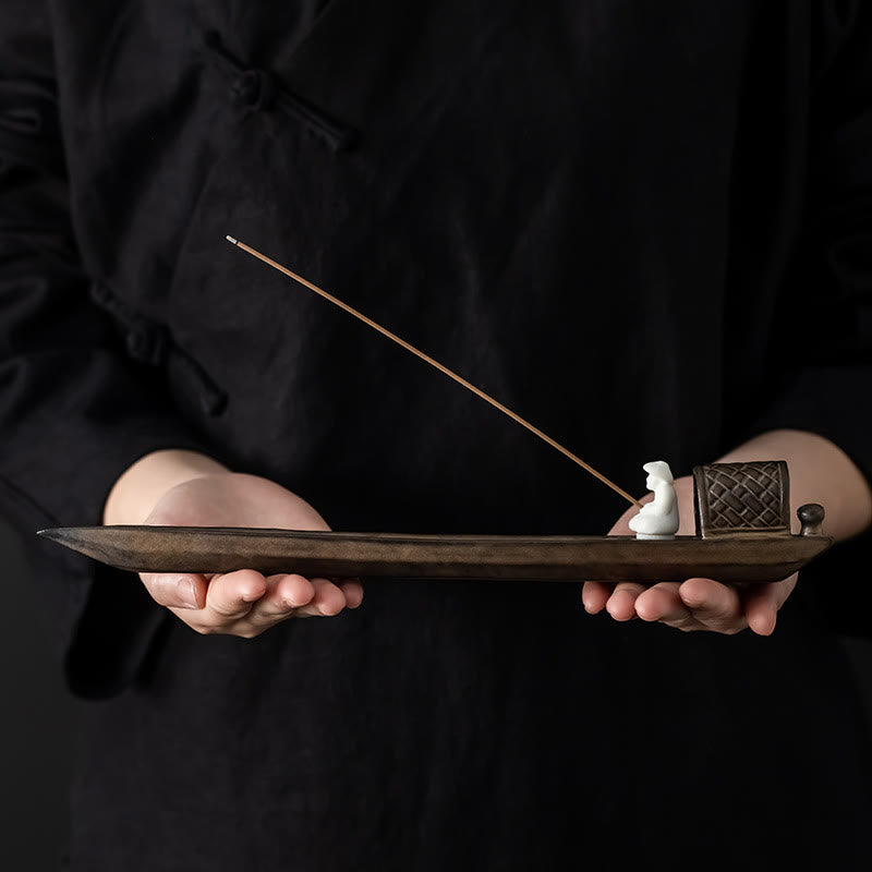 Fisherman Zen Ceramic Incense Burner – Handheld boat-shaped holder showing full length with fisherman figurine, zen gift