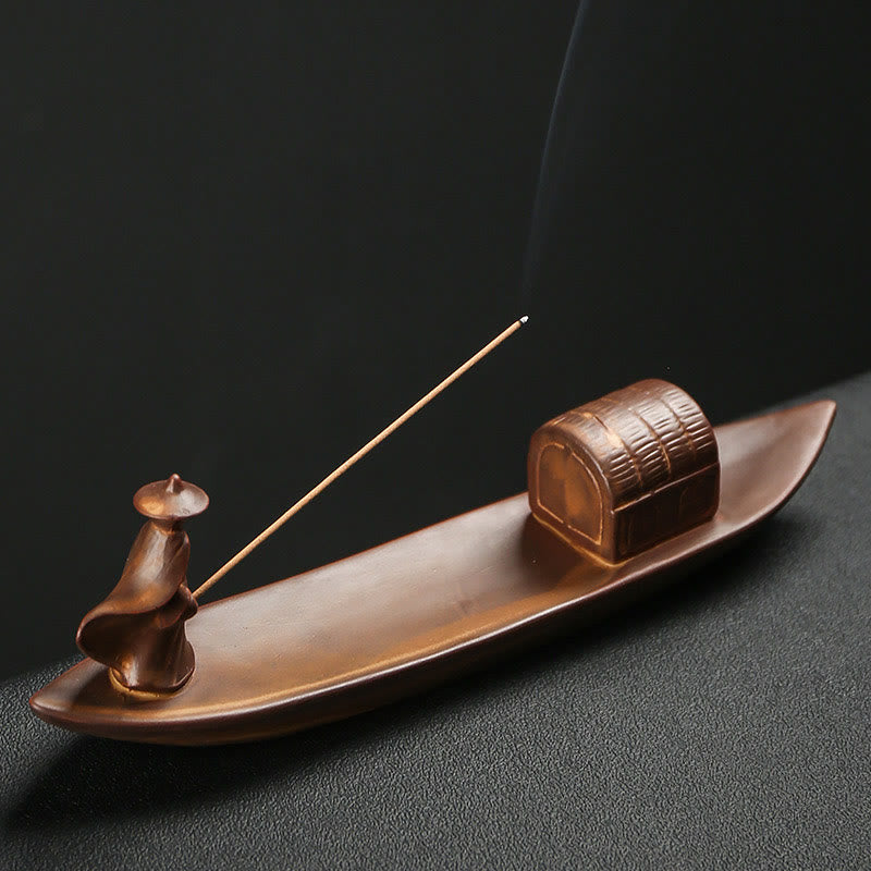Buddha Hand Lotus Ceramic Incense Burner – fisherman figurine detail on bamboo base, zen home accent