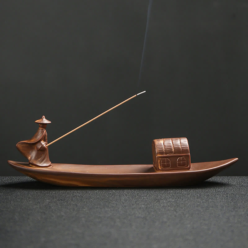 Buddha Hand Lotus Ceramic Incense Burner – ceramic burner with fisherman boat on bamboo, meditation decor