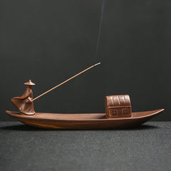 Buddha Hand Lotus Ceramic Incense Burner – ceramic burner with fisherman boat on bamboo, meditation decor