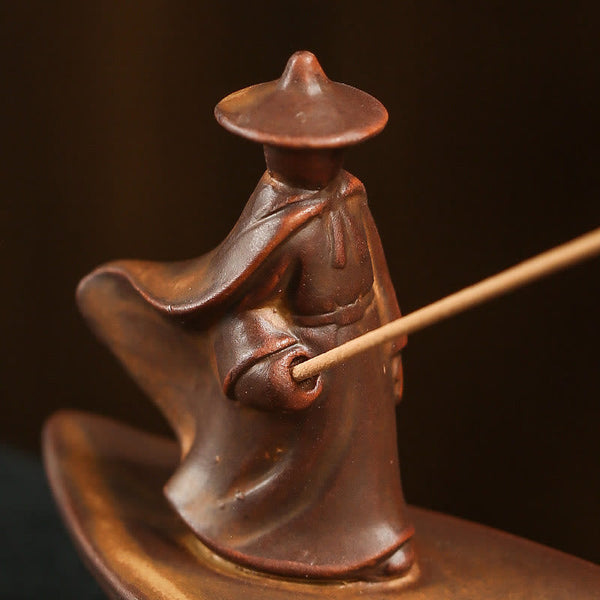 Buddha Hand Lotus Ceramic Incense Burner – side view showing ceramic texture and bamboo craftsmanship