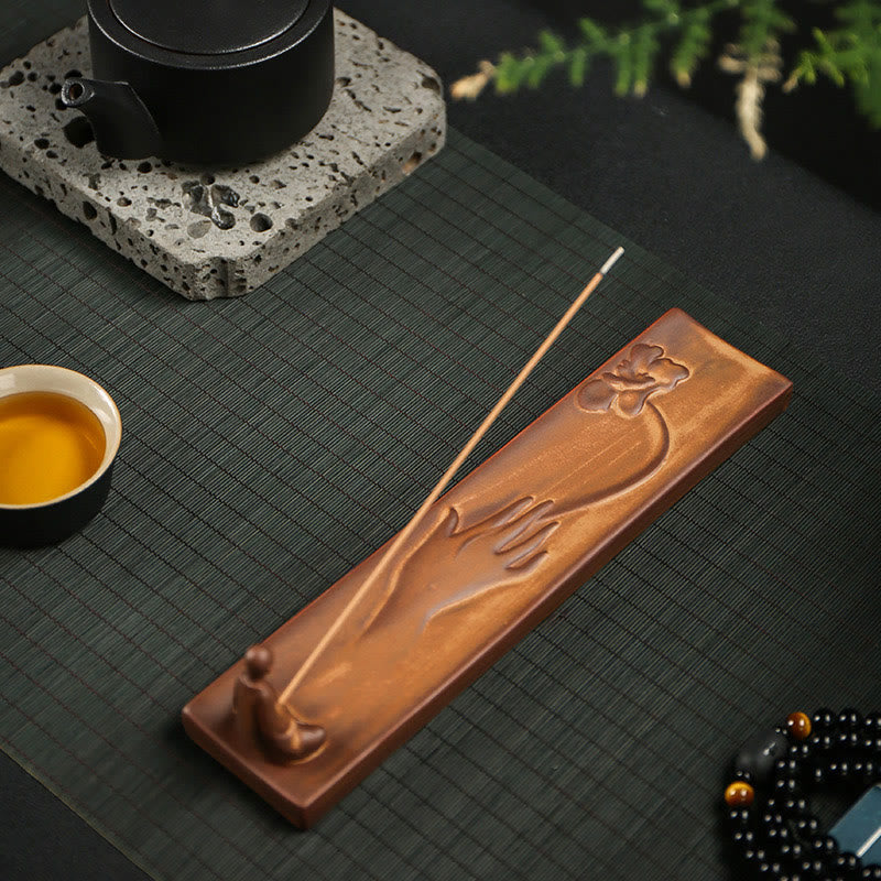 Buddha Hand Lotus Ceramic Incense Burner – ceramic glaze detail showing lotus petal texture, handmade