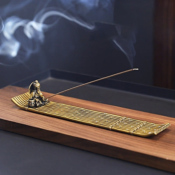 Bamboo Fishing Boat Alloy Incense Burner – brass raft on walnut board with delicate smoke, serene meditation space