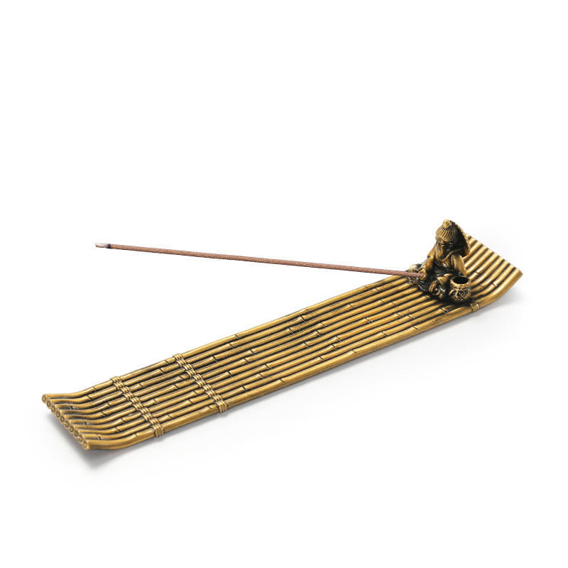 Bamboo Fishing Boat Alloy Incense Burner – reverse angle brass raft with incense stick, elegant minimalist form