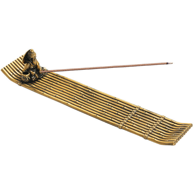 Bamboo Fishing Boat Alloy Incense Burner – brass raft incense holder on white background, clean product showcase