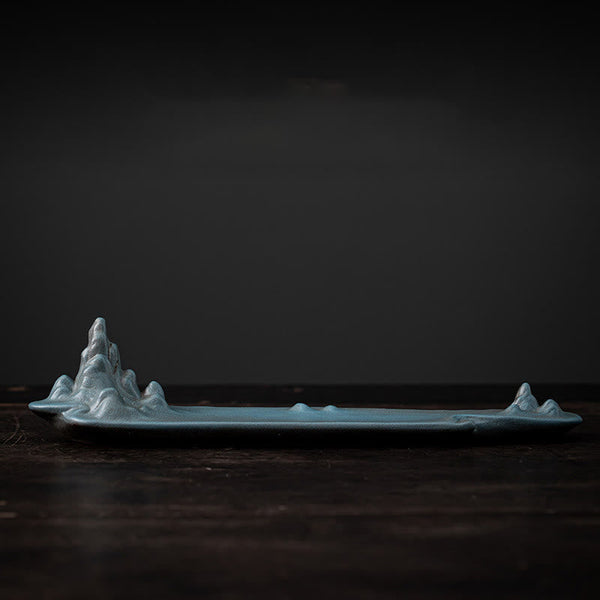 Mountains Boat Ceramic Incense Burner – cyan blue mountain peak ceramic burner side view, tranquil glaze finish