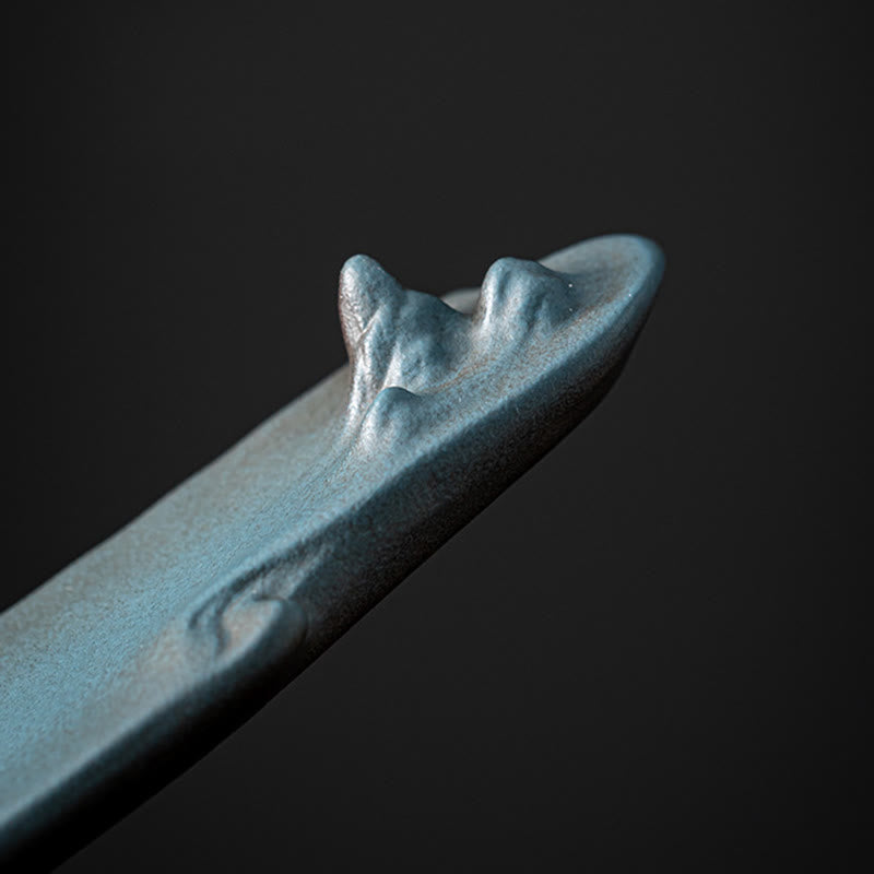 Mountains Boat Ceramic Incense Burner – cyan ceramic burner end detail with small mountain peaks, smooth matte surface