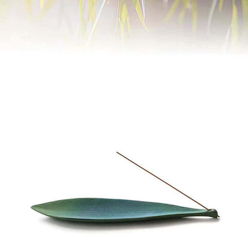 Willow Leaf Ceramic Incense Burner – Fresh bamboo backdrop studio shot, serene nature accent