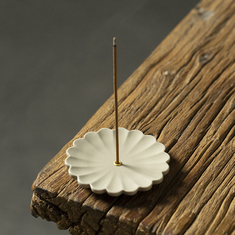 Floral Lotus Ceramic Incense Burner - two-tiered five-petal design on rustic wood, layered craft