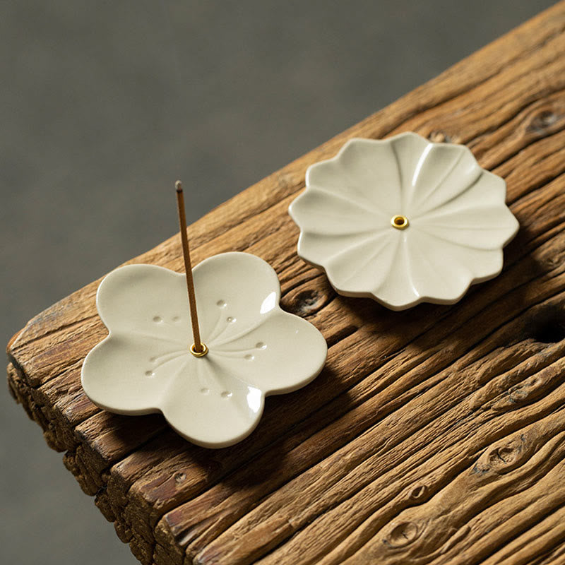 Floral Lotus Ceramic Incense Burner - scalloped chrysanthemum with incense stick, brass accent, calm