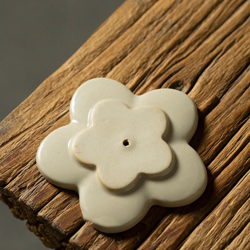 Floral Lotus Ceramic Incense Burner - glossy petal dish with stamen details, gold center, elegant