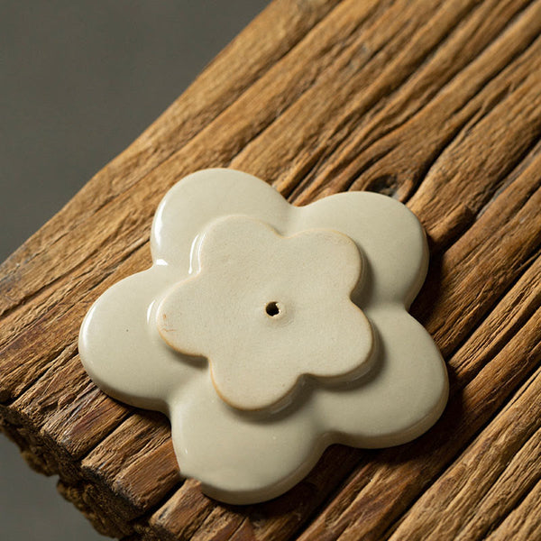 Floral Lotus Ceramic Incense Burner - glossy petal dish with stamen details, gold center, elegant