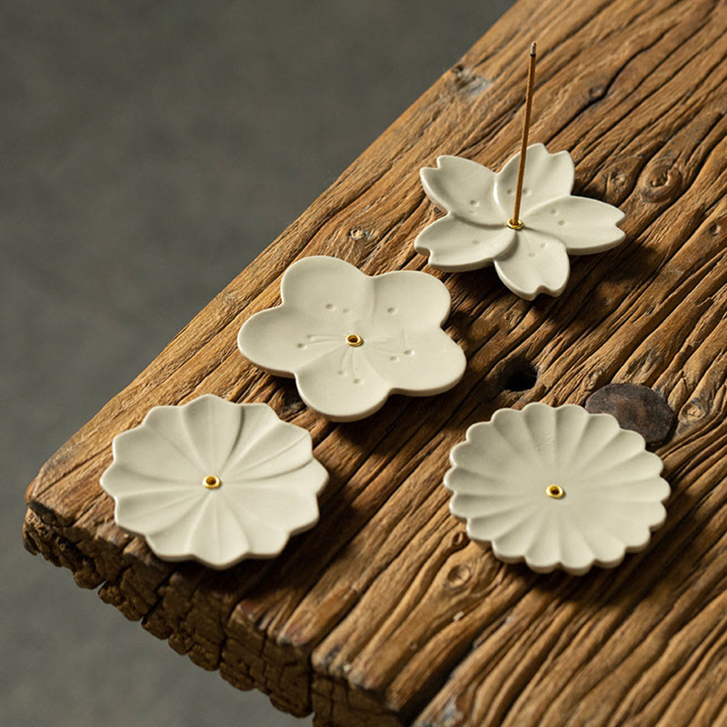 Floral Lotus Ceramic Incense Burner - four holders on dark tray with burning incense, East Asian style