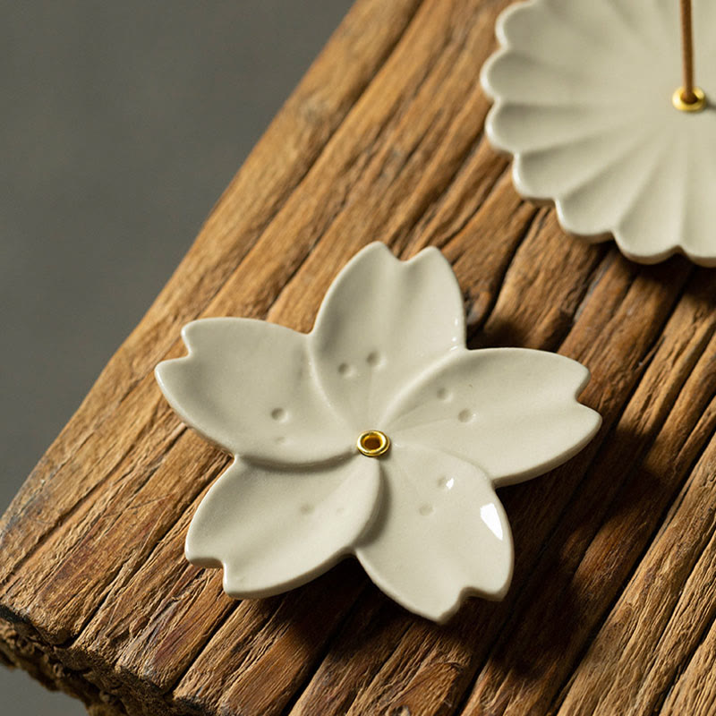 Floral Lotus Ceramic Incense Burner - cherry blossom holder with chrysanthemum companion, artisan set