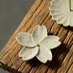 Floral Lotus Ceramic Incense Burner - cherry blossom holder with chrysanthemum companion, artisan set