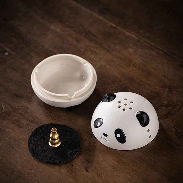 Cute Panda Ceramic Incense Burner – Disassembled parts on wood table, lid base felt pad and brass holder