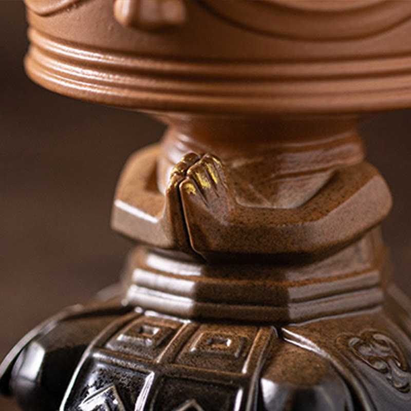 Sanxingdui Ceramic Incense Burner – close up of golden praying hands and collar detail on neck, sacred symbolism