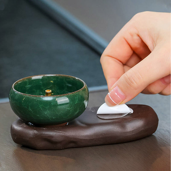 Tang Dynasty Lady Ceramic Incense Burner – Close-up of brown base and green bowl, placing incense pad