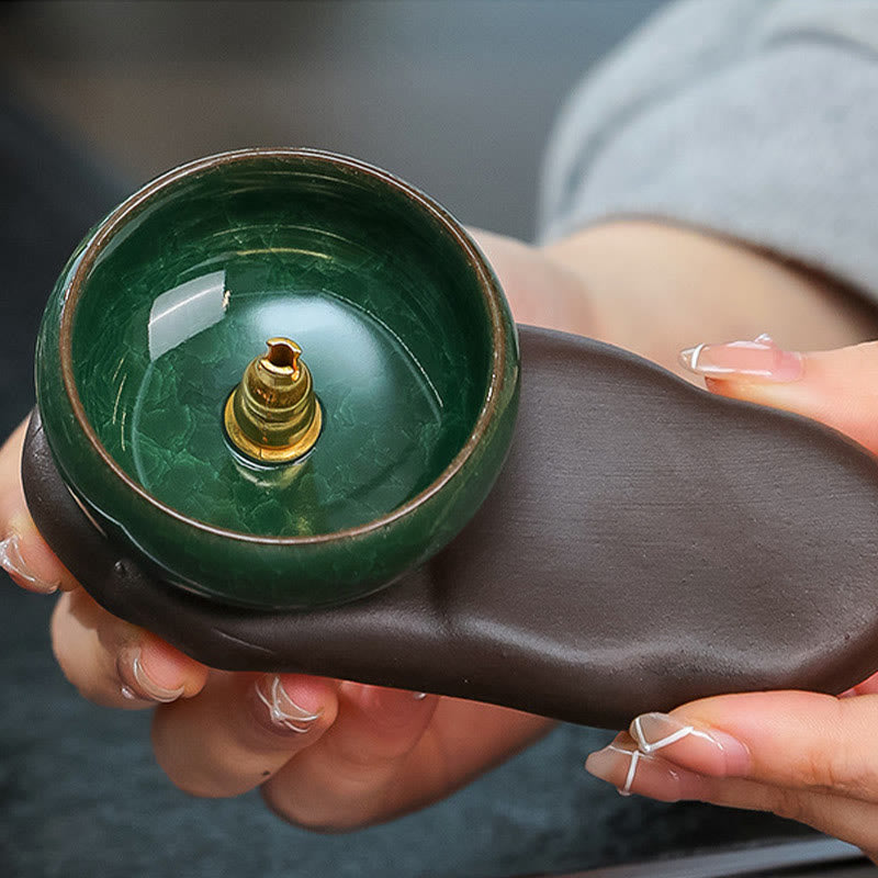 Tang Dynasty Lady Ceramic Incense Burner – Golden incense holder detail inside green glazed bowl
