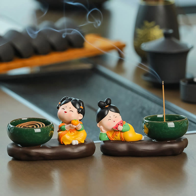 Tang Dynasty Lady Ceramic Incense Burner – Orange and watermelon pair on tea table, dual incense smoke