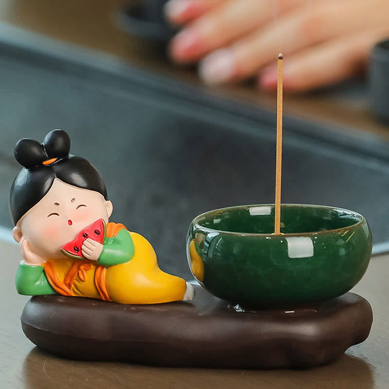 Tang Dynasty Lady Ceramic Incense Burner – Watermelon lady reclining while eating slice, green bowl aside