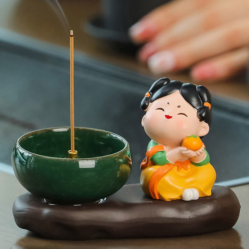 Tang Dynasty Lady Ceramic Incense Burner – Mirrored angle orange lady with smoking green bowl, tea tray scene
