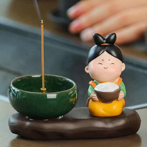 Tang Dynasty Lady Ceramic Incense Burner – Rice lady with high bun holding bowl beside green incense bowl