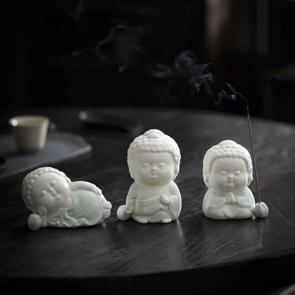 Ceramic Buddha Incense Burner – on meditation altar with candles and stones, spiritual