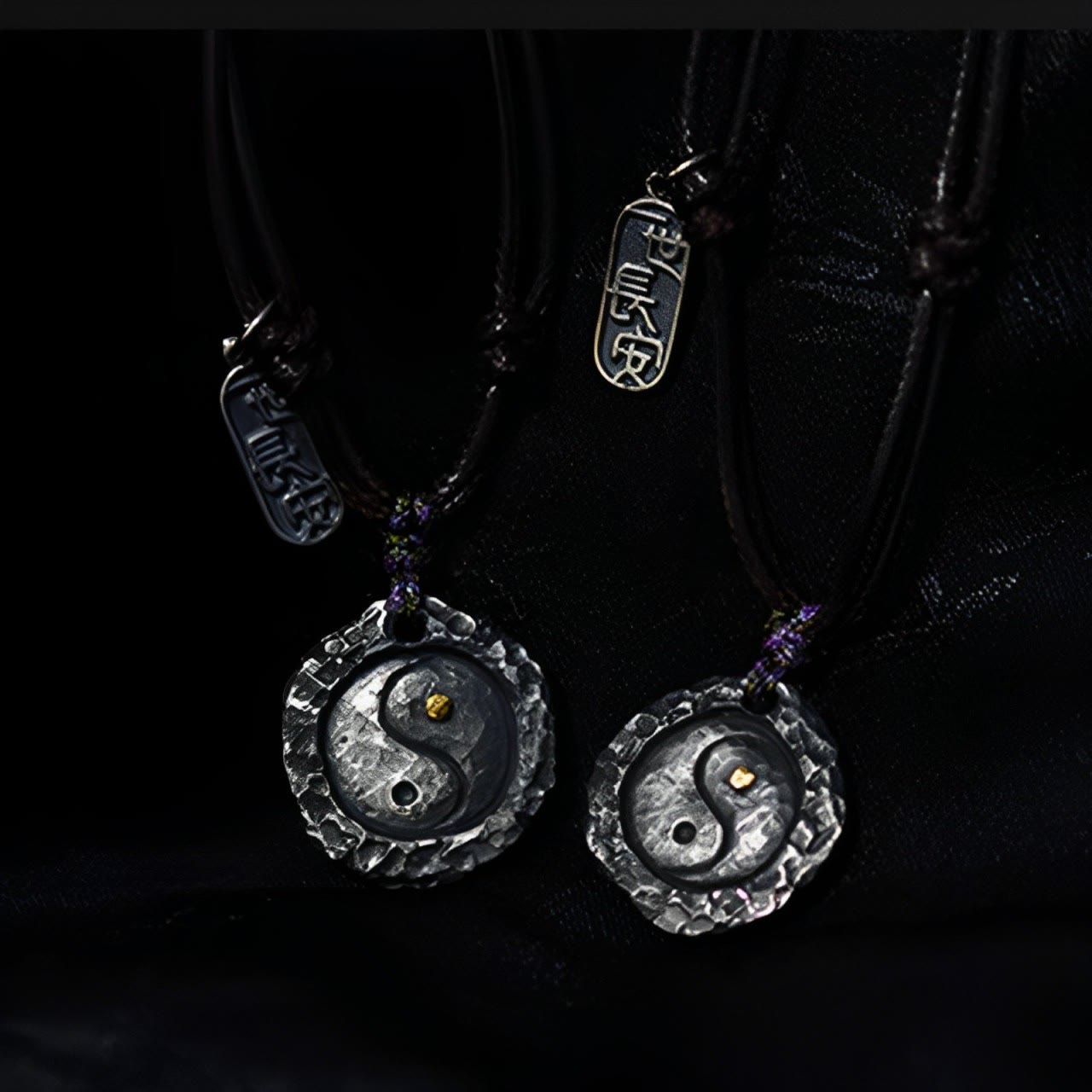 999 Sterling Silver Tai Chi Yin Yang Harmony Necklace Pendant - Matching yin-yang pair on dark velvet, couple jewelry