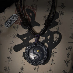999 Sterling Silver Tai Chi Yin Yang Harmony Necklace Pendant - Hammered yin-yang on cord, calligraphy, artisan jewelry
