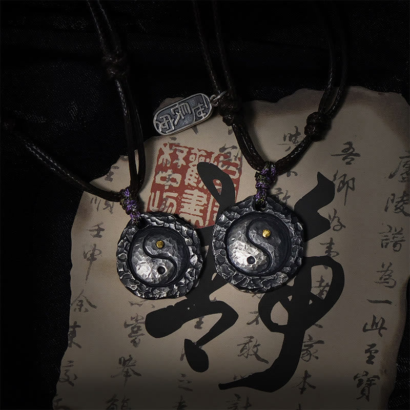 999 Sterling Silver Tai Chi Yin Yang Harmony Necklace Pendant - Matching yin-yang pair on calligraphy, couples necklace