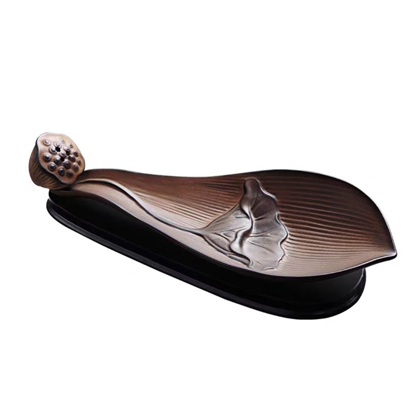 Brown Ceramic Lotus Pod Zen Incense Burner - bronze-black gradient leaf with seed pod, artisan craft
